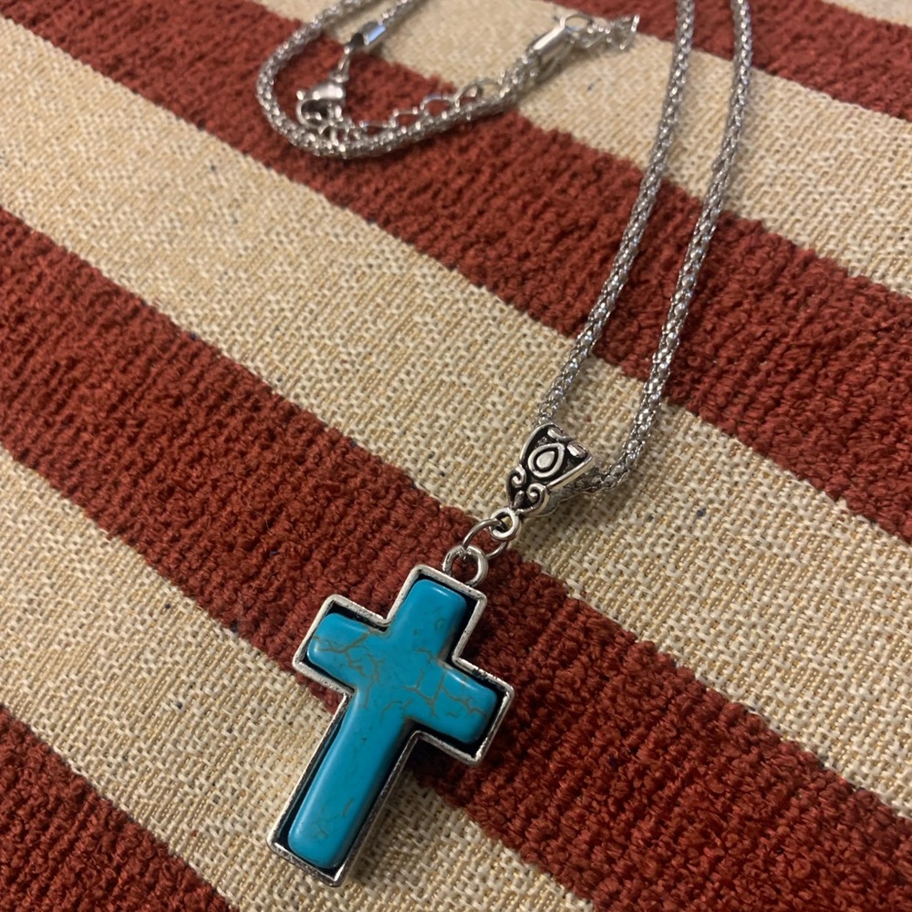 Silver Cross Semiprecious Stone Necklace (Turquoise) - Picture 3 of 4